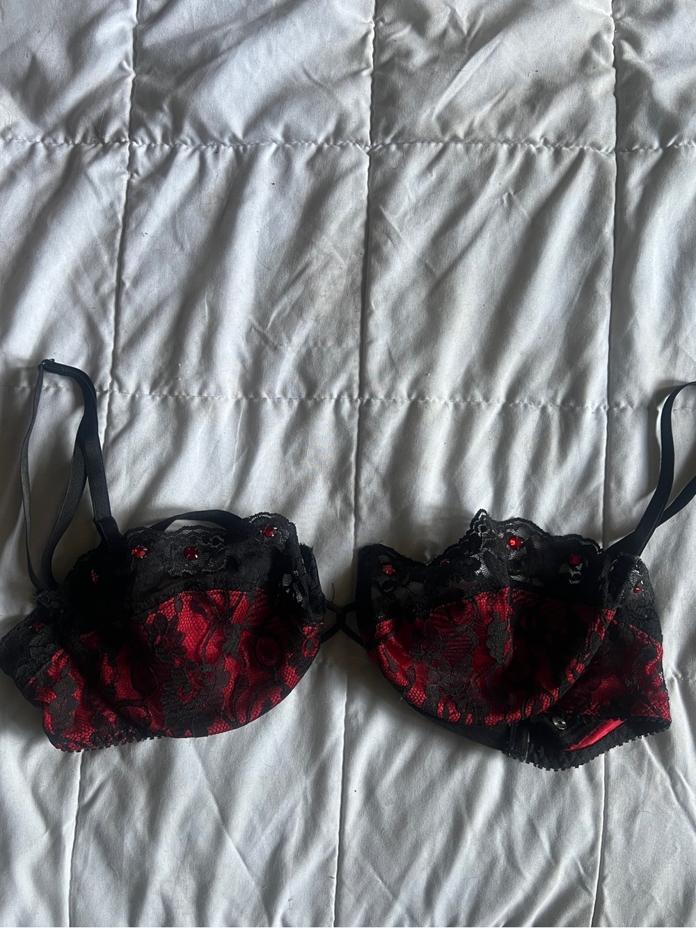 BLACK AND RED VINTAGE LACE BALCONETTE BRA WITH GEMS
